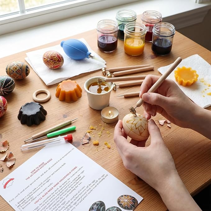 Blushtier 18 Pcs Pysanky Supplies Ukrainian Easter Egg Decorating Kit-0.2 0.3 0.4 0.5mm Kistka Pen Drop Pull Tool Stand Beeswax Candle Egg Blower and Instructions for Color Easter Eggs DIY Supply