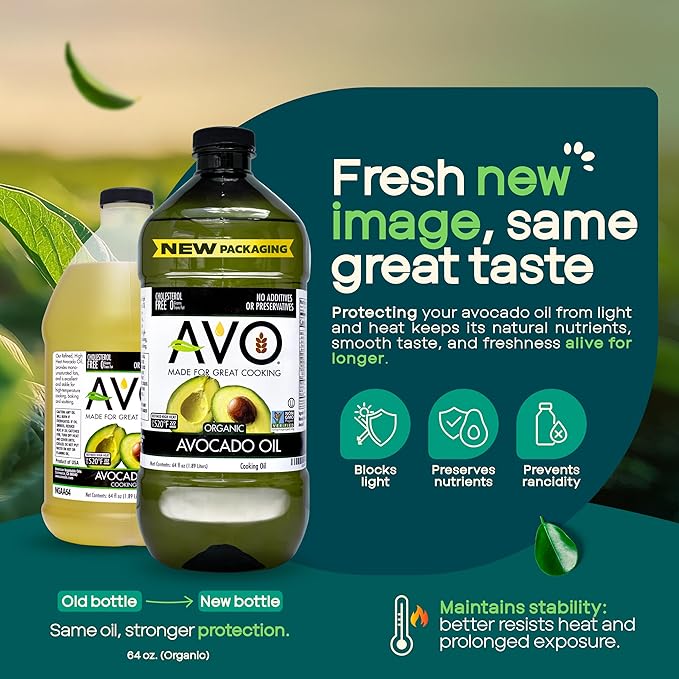 AVO Organic Avocado Oil for Cooking Frying Baking Salads Vinaigrette Marinades - General Organic Cooking Oil 64 Fl-oz (Half a Gallon) NO preservatives added High Smoke Point 500°F