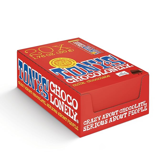 Tony’s Chocolonely Belgian Milk Chocolate Candy Bar Pure Chocolate Bars for Snacks Party Favors Gifts or Gift Basket 32% Cacao Made From Quality Fairtrade Cocoa 20 Bars 1.76 Oz Each