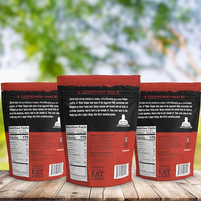 Rufus Teague Hot BBQ Variety Pack – Sweet Spicy &amp Smoky Honey Roasted Nuts Almonds and Peanuts 9 oz Resealable Pouches (3 Pack)