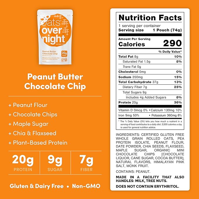Oats Overnight Peanut Butter Chocolate Chip - Vegan Overnight Oats Protein Shake with 20g Vegan Protein Powder - High Fiber Gluten Free Dairy Free Oatmeal (2.4 oz per Meal) (8 Pack)