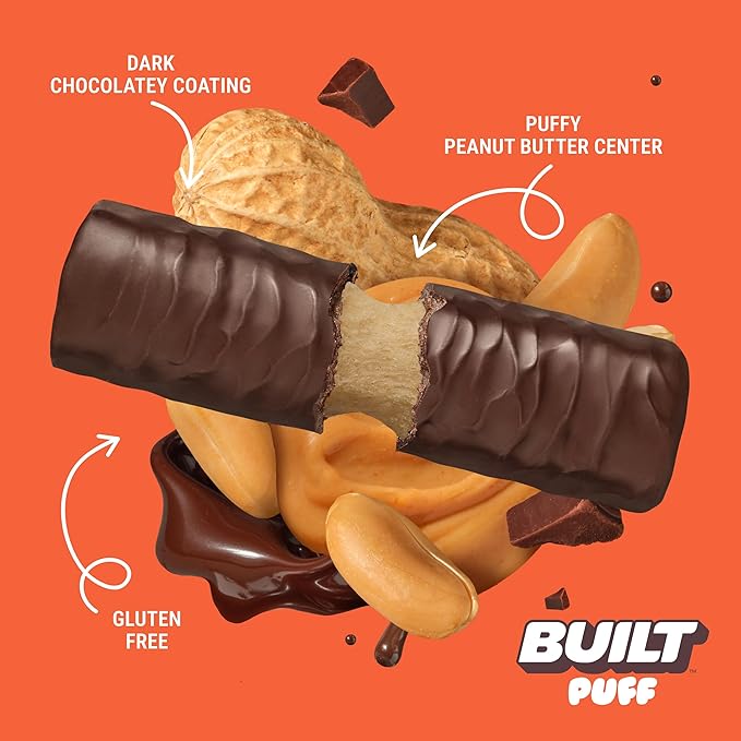 Built Bar Puff Protein Bars Peanut Butter Puff 17g Protein Snacks On-The-Go Bars Only 150 Calories 6g Sugar Collagen Gluten Free 12 Count