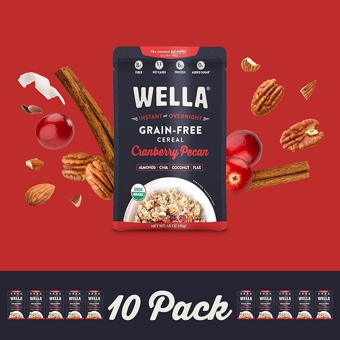 Wella Cereal Oatmeal Alternative Gluten-Free Breakfast Hot Cereal Grain-Free Paleo Organic Vegan High Protein Superfood Plant-Based Non-GMO Low in Net Carbs Single-Serve Packets Cranberry Pecan