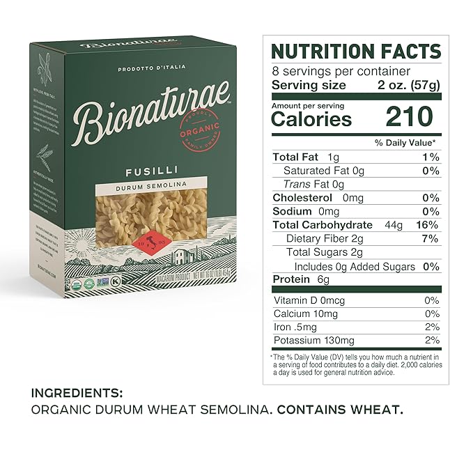 Bionaturae Fusilli Pasta Noodles - Durum Semolina Pasta Kosher High Protein Non-GMO Verified USDA Certified Durum Semolina Fusilli Fusilli Pasta Organic Crafted in Italy - 16 Oz 6 Pack