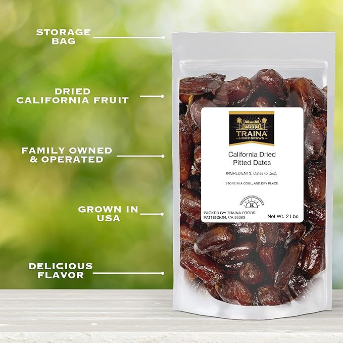 Traina Home Grown California Dried Pitted Dates - Healthy No Added Sugar Non GMO Kosher Certified Vegan Packed in Resealable Pouch (2 lbs)
