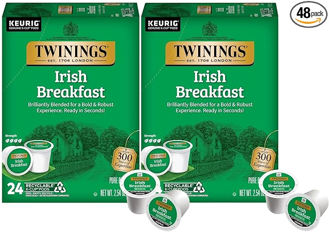 Twinings Irish Breakfast Tea K-Cup Pods for Keurig Caffeinated Black Tea Robust Strong Bold Flavour 24 Count (Pack of 2) Enjoy Hot or Iced