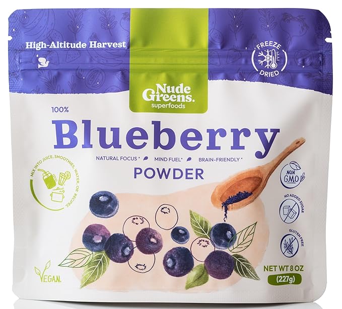 NUDEGREENS Freeze-Dried Blueberry Powder | Pure Antioxidant Superfood | Vitamin C &amp Fiber | 8 oz | For Smoothies Juices Yogurt &amp Healthy Recipes | 100% Natural Vegan No Added Sugar &amp G