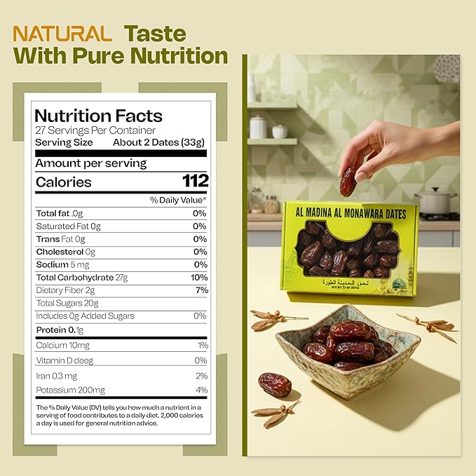 Sahara Gold Al Madina Al Monawara Saudi Dates | Gluten-Free &amp Non GMO | Naturally Mildly Sweet &amp Soft Texture | Non Pitted Dates | High Fiber Dried Fruit For Ramadan Snacking &amp Smoothies