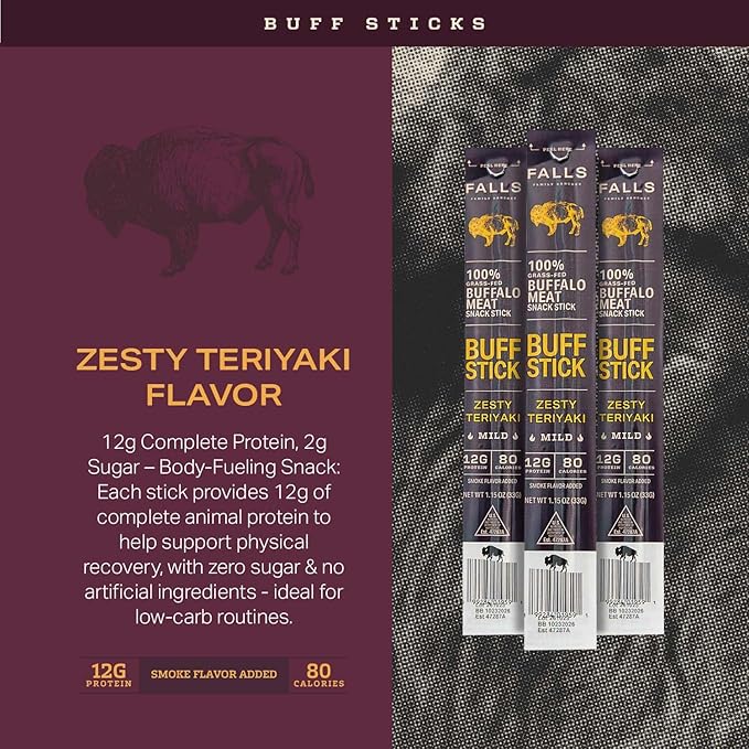 Grass-Fed Buffalo Meat Snack Sticks Zesty Teriyaki Sweet by Falls Family Ranches 12 Pack 1.15oz Stick Carton 12g Protein 2g Sugar 80 Calories