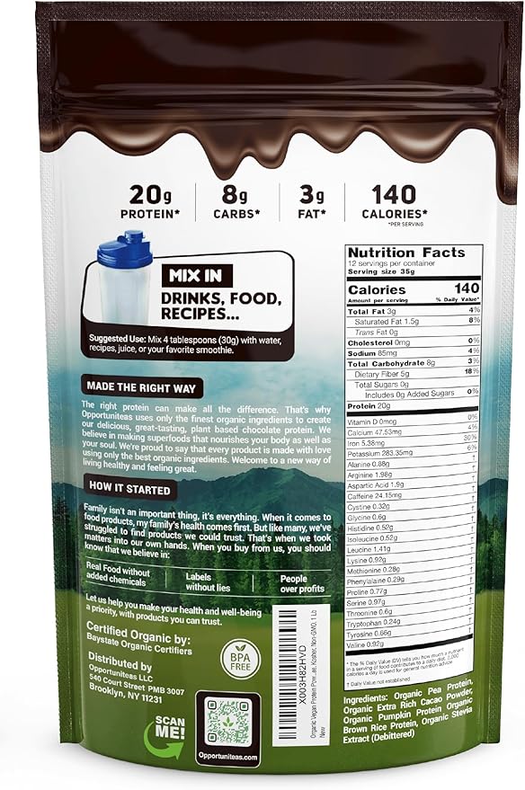 Opportuniteas Organic Plant Based Protein Powder 20g Vegan Protein from Pea Pumpkin and Rice No Sugar Non-GMO Gluten-Free Creamy Chocolate 1 lb