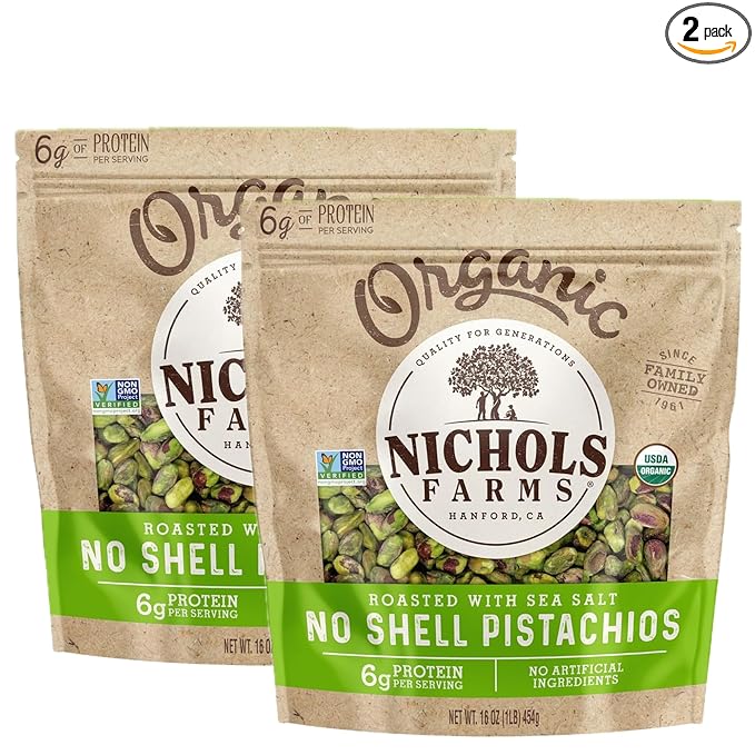 Nichols Farms Organic No Shell California Pistachios Roasted with Sea Salt 1LB (Pack of 2)