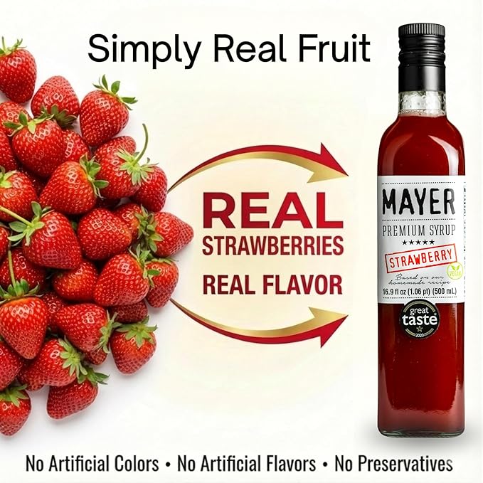 Mayer Strawberry Syrup - Award-Winning Artisanal Fruit Syrup All-Natural Crafted with 100% Real Fruits Vegan Gluten-Free – Perfect Coffee Syrup Cocktails &amp Dessert Topping (2 Pack)