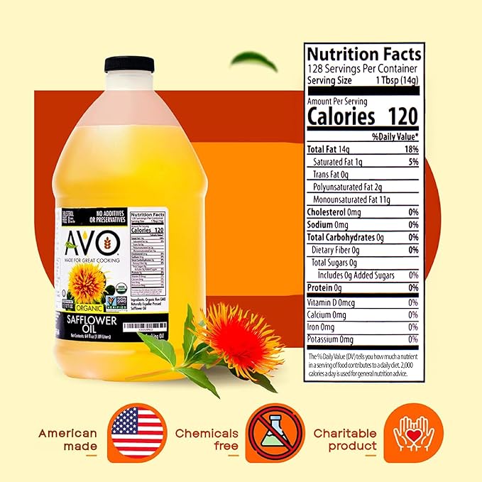 AVO Organic Safflower Oil for Cooking Frying Baking Salads Vinaigrette Marinades. General Cooking Oil 64 Fl-oz (Half a Gallon) No preservatives Naturally Processed High Smoke Point 465°F