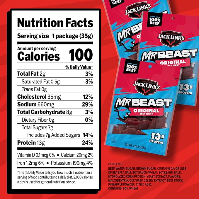 Jack Link's x MrBeast Original Beef Jerky - (10 Pack) 1.25 oz Bags - Ready to Eat Protein Snacks - 13g Protein per Serving - Made with 100% Real Beef