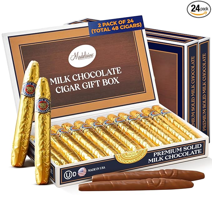 Madelaine Premium Milk Chocolate Cigars Gift Box - Chocolate Cigars Wrapped In Gold Italian Foils. (2 Pack 24 Cigars Box)