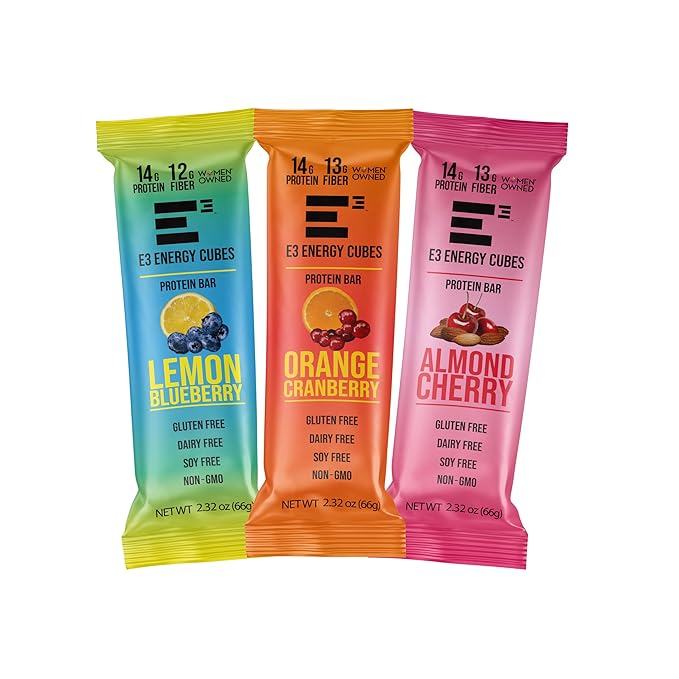 E3 Energy Cubes- Fruit Fanatic Variety Pack - Almond Cherry Orange Cranberry &amp Lemon Blueberry Refrigerated Protein Bars - 66g Protein Per Bar | Gluten Free Dairy Free Soy Free Non-GMO No Ar