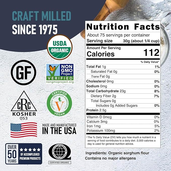 Great River Milling Organic Sorghum Flour | Gluten Free Whole Grain Flour | USDA Organic Non-GMO Kosher Vegan Certified | Mild Versatile Baking Ingredient for Breads Cookies &amp Batters | 5 Lb
