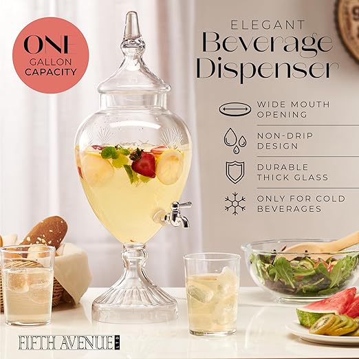 Beverage Dispenser for Countertop - 1 Gallon Large Glass Drink Dispenser w/Spigot &amp Lid - Party Drink Dispenser for Sweet Tea Lemonade Punch Water Juice Dispensers for Parties
