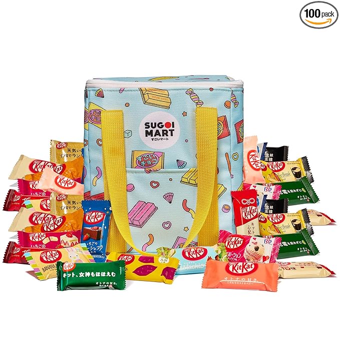 Sugoi Mart Japanese Kitkat Variety Pack - 100 Pcs Mini Kitkats Individually Wrapped Japanese Chocolate Wafer Bars 7-9 Assorted Flavors with Stylish Reusable Cooler Bag