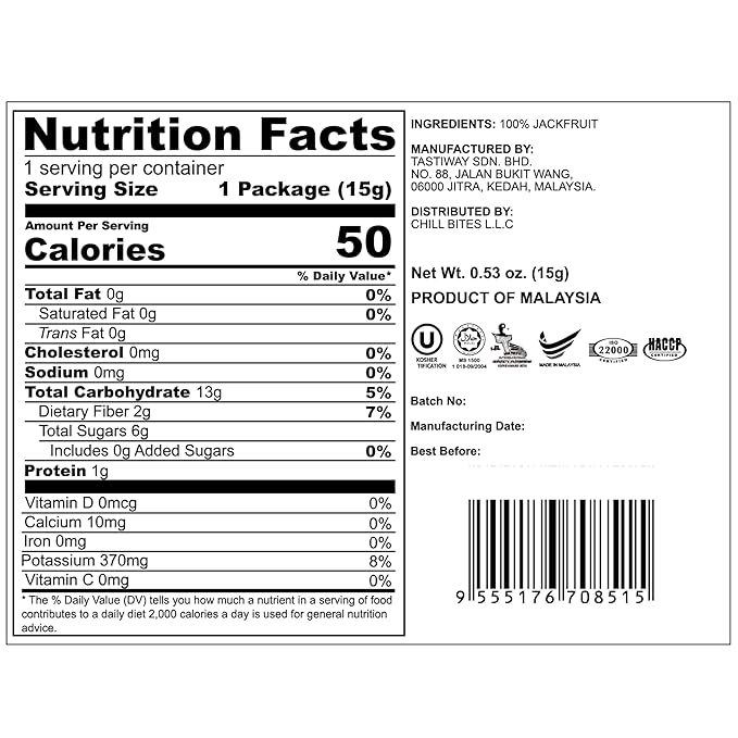 ALOR 100% Natural Dried Jackfruit – Unsweetened No Sugar Added Tropical Fruit Snack – Crunchy Crispy &amp Gluten-Free – Healthy Freeze-Dried Bites (15 Grams x 8 Packs- Jackfruit)