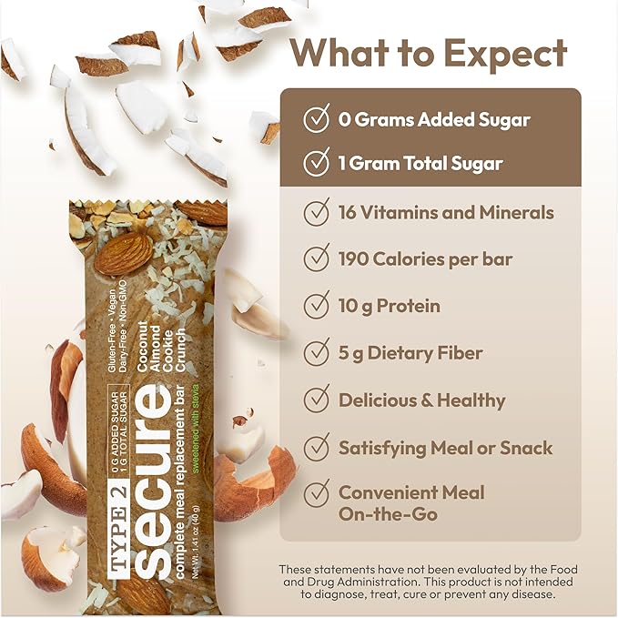 ANDREW LESSMAN Type 2 Secure Complete Meal Replacement Bars (Stevia) – Coconut Almond Cookie Crunch – 12 ct box – 10g Protein 0g Added Sugar 16 Essential Vitamins &amp Minerals Gluten-Free Vegan