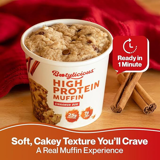 Bootylicious | High-Protein Muffin | 25g Protein 7g Net Carbs 2.32-2.75oz Cup 12-Pack (Cinnamon Bun)