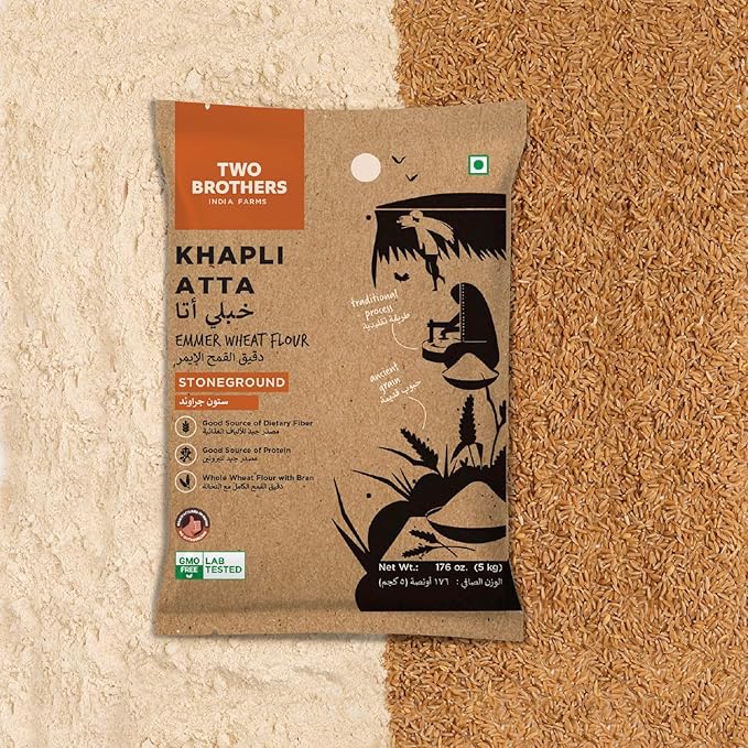 Two Brothers Organic Farms - Khapli Wheat Flour (5kg) | Low-Gluten Wheat Flour | High Dietary Fiber for Easy Digestion | Stoneground Emmer | Khapli Atta | Organic Atta (Pack of 1 kg x 5)