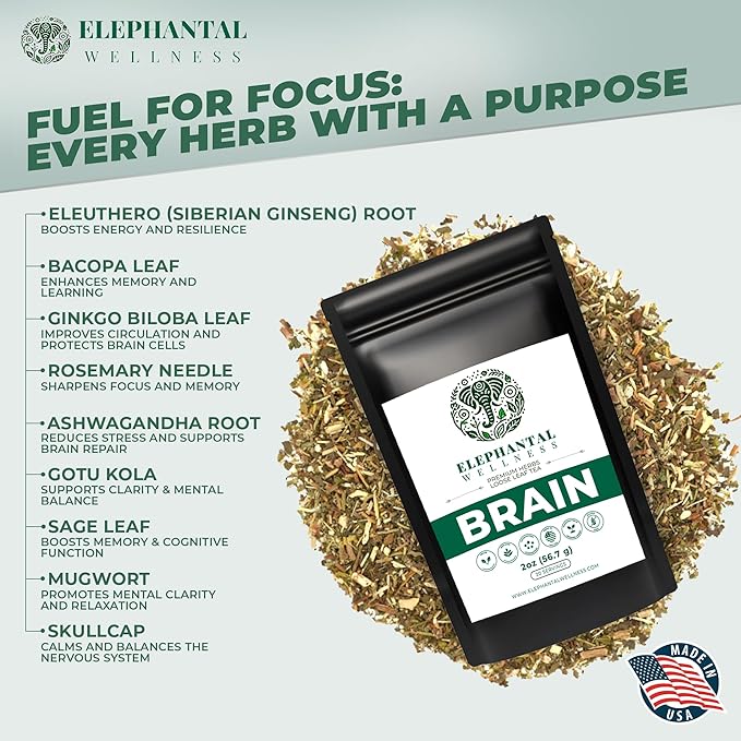 Elephantal Wellness Premium Brain Herbal Tea | Nootropic Focus &amp Mental Clarity with Ginkgo Bacopa Gotu Kola &amp Rosemary | Non-GMO Caffeine-Free Coffee Alternative Handmade Loose Leaf Blend