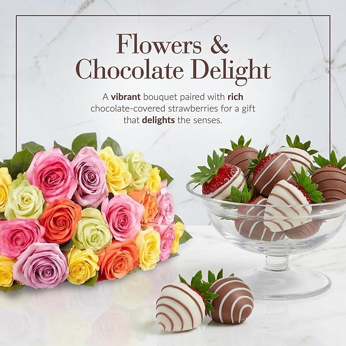 Shari’s Berries 24 Assorted Roses with Vase &amp 12 Gourmet Chocolate Covered Strawberries Gift Set| Flower &amp Chocolate Gift Delivery for Valentine's Day Anniversary Birthday &amp Thank You