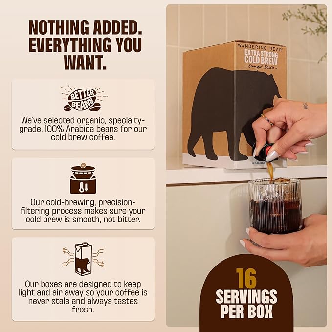 Wandering Bear Organic Caramel Cold Brew Coffee On Tap Iced Coffee Drink - Extra Strong Bold Smooth No Sugar Added Shelf-Stable Ready to DrinkGluten Free &amp Vegan -16 Servings of 6fl.oz -96f