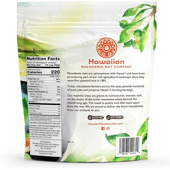Hawaiian Macadamia Nut Company Dry Roasted Macadamia Nuts with Sea Salt 24 Oz Source of Fiber Gluten-Free and Certified Non-GMO Premium Quality Crunchy and Delicious