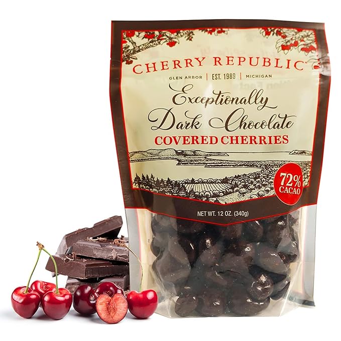 Cherry Republic Exceptionally Dark Chocolate Covered Cherries 12 oz - Real Michigan Montmorency Tart Cherries with 72% Cacao All-Natural Sweet-Tart Cherry Candy Gourmet Snack or Gift Made in USA