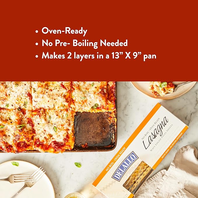 DeLallo No-Boil Lasagna Sheets 13.2oz Box Oven Ready Made with Durum Wheat Semolina Flour Non-GMO (12 Pack)