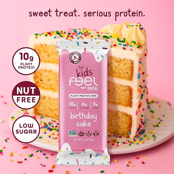 Feel Bar Minis – Kids Protein Bars | Birthday Cake | 10g Plant Protein | 100 Calories | No Added Sugar | + Daily Veggies | Gluten Free No Nuts No Soy No Dairy No Grains (12 Pack)