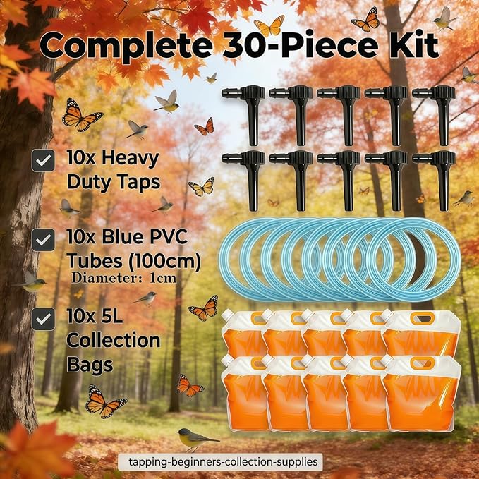 Maple Syrup Starter Kit &amp Maple Tree Tapping Kit - 10 Sets Complete System with Corrosion-Resistant Spiles 3.28ft Tubing &amp 5L Bags | High-Yield Harvesting