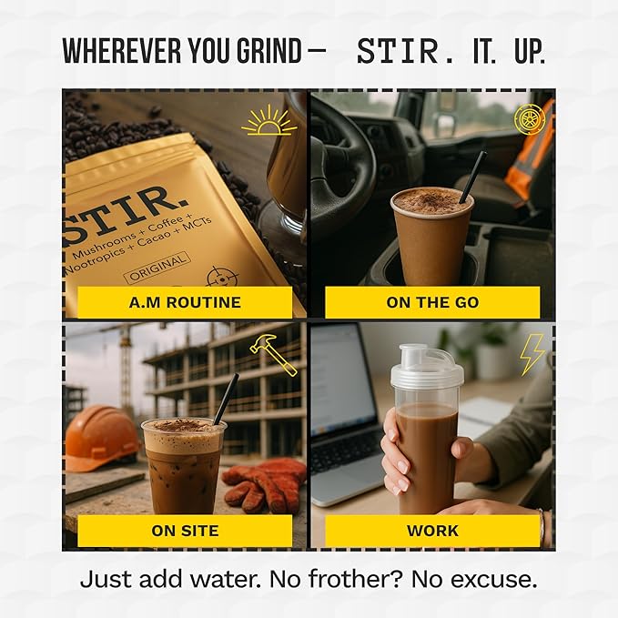 STIR Premium Instant Mushroom Coffee | Lion’s Mane Chaga Reishi Cordyceps Shiitake Turkey Tail | Organic Cacao Vanilla Coconut MCTs | Focus Energy Digestion Support | 30 Servings
