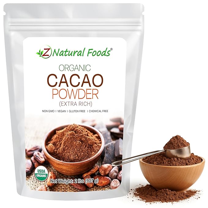 Z Natural Foods Organic Cacao Powder Nutrition-Packed Extra-Rich Dark Chocolate Flavor Perfect for Chocolate Recipes Shakes or Smoothies Non-GMO Vegan Gluten-Free Kosher 2 lbs