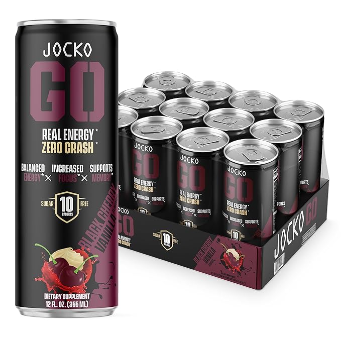 Jocko GO Energy Drink - Keto Vitamin B12 Vitamin B6 Electrolytes L Theanine Magnesium- Energy Boost Sugar Free Nootropic Monk Fruit Blend - 12 Pack (Black Cherry Vanilla)