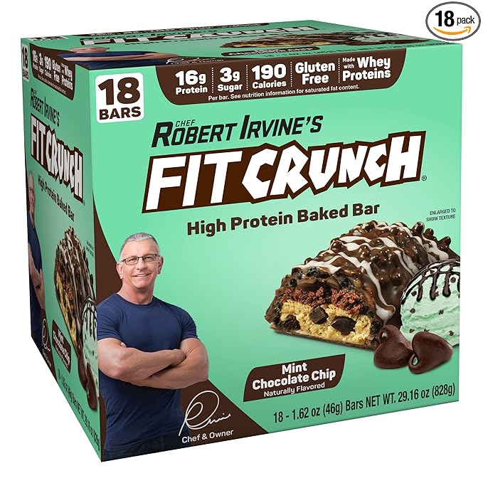 FITCRUNCH Snack Size Protein Bars World’s Only 6-Layer Baked Bar 3g of Sugar &amp Soft Cake Core (18 Bars Mint Chocolate Chip)