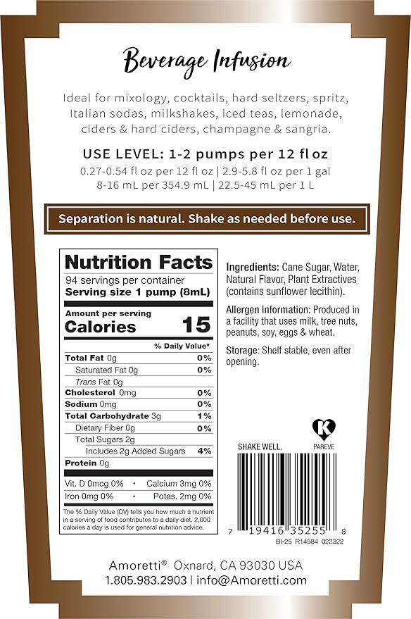 Amoretti - Irish Coffee Beverage Infusion 94 Servings Per Bottle (750 ml) - Drink Mix &amp Water Enhancer with Pump for Flavoring Cocktails Waters Teas and other Beverages Preservative Free