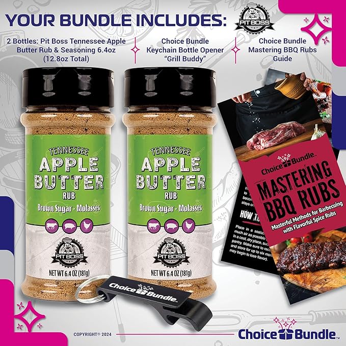 Pit Boss Tennessee Apple Butter Premium BBQ Barbecue Mixed Seasoning Spice &amp Rub 2 pk Choice Bundle (12.8 oz) + Guide &amp Keychain Bottle Opener (4 Items)!