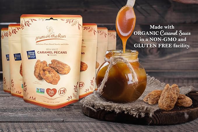 Sea Salt Caramel Pecans - Vegan Kosher Gluten-free GMO-free Pecan Pralines - 4oz (PACK OF 6 BAGS) - Satisfaction Guarantee