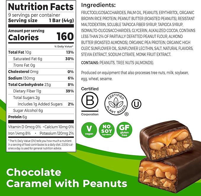 Orgain OMG! Bar Snack Bar with Chocolate Caramel and Peanuts Plant-Based Vegan Gluten Free No Artificial Sweeteners (9 Count)