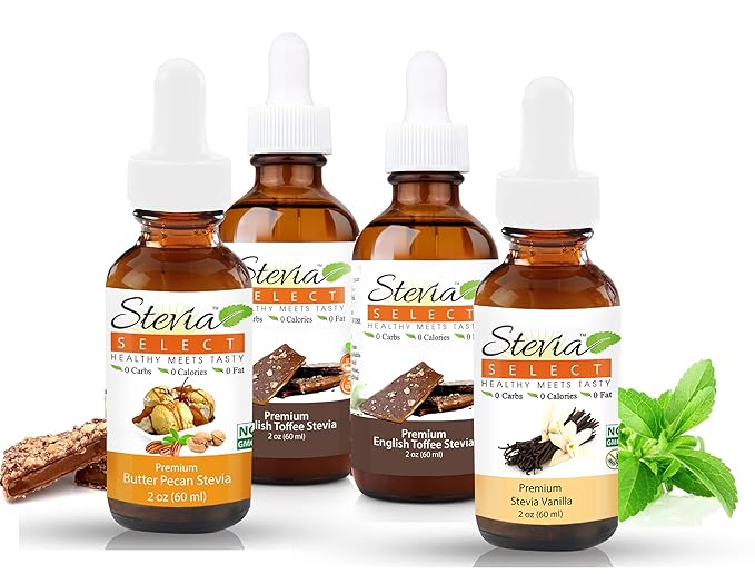 Stevia Drops Butter Pecan Vanilla &amp 2 English Toffee Stevia Select Keto Coffee Sugar-Free Stevia Flavors Bundle (4) Pack