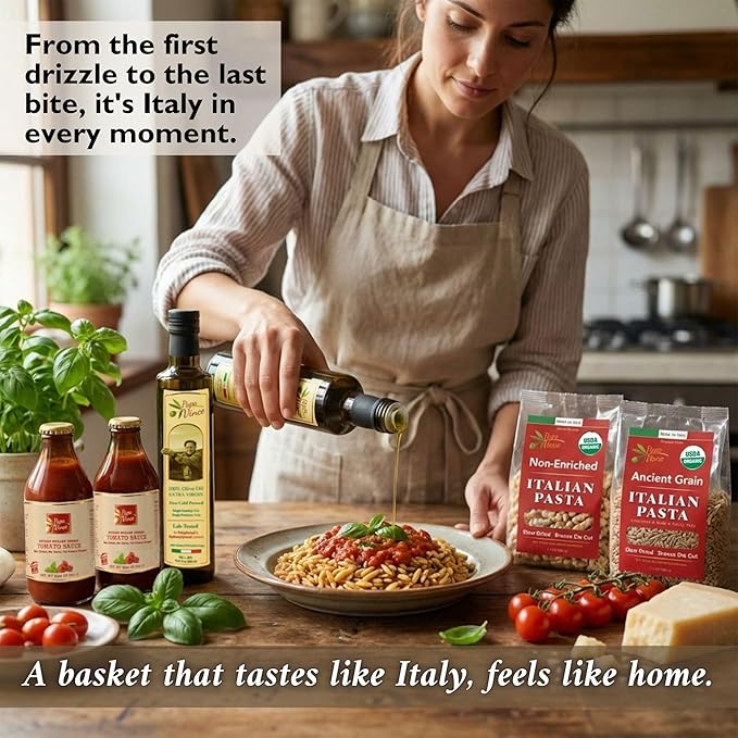 Papa Vince Italian Food Basket - Gourmet Gifts for Adults &amp Families Made in Italy with Organic Pasta Sauce &amp Olive Oil from our family in Sicily