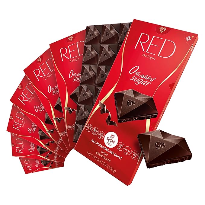Red Delight Dark Chocolate Bars - 3.53 oz Pack of 8 - European Vegan- Low Carb Kosher No Added Sugar Gluten-Free Smooth Creamy Keto-Friendly Guilt-Free Snack