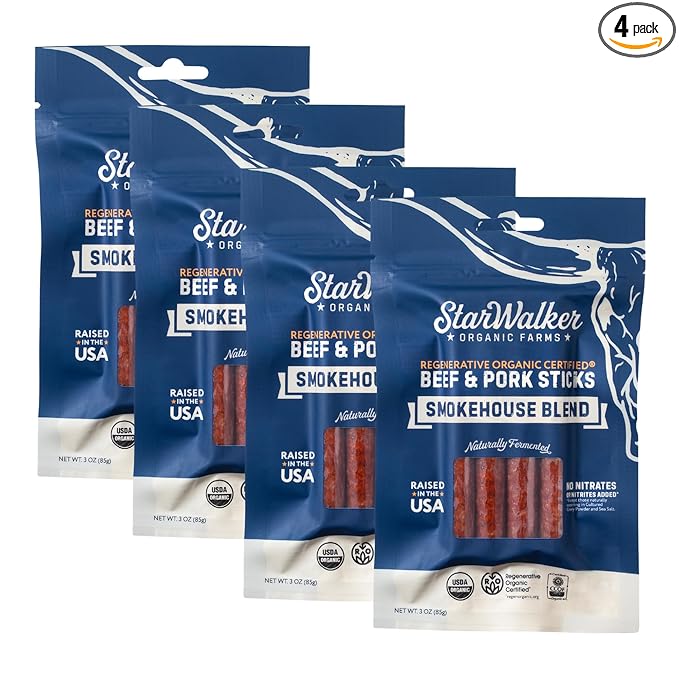 StarWalker Regenerative Organic® Beef and Pork Snack Sticks 4-Pack – 3 oz Each 50+ Years Organic Farming Grass-Fed Beef No Sugar No Nitrates Keto Clean Protein Snack