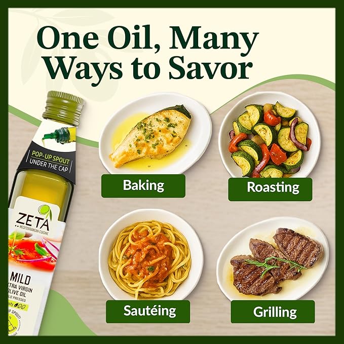 Zeta Extra Virgin Olive Oil 8.5 fl oz (3 Pack) | Premium Glass Bottle with Pop-Up Spout | Cold-Pressed | Product of Spain | Ideal for Baking Cooking Grilling Roasting Pasta &amp Salads