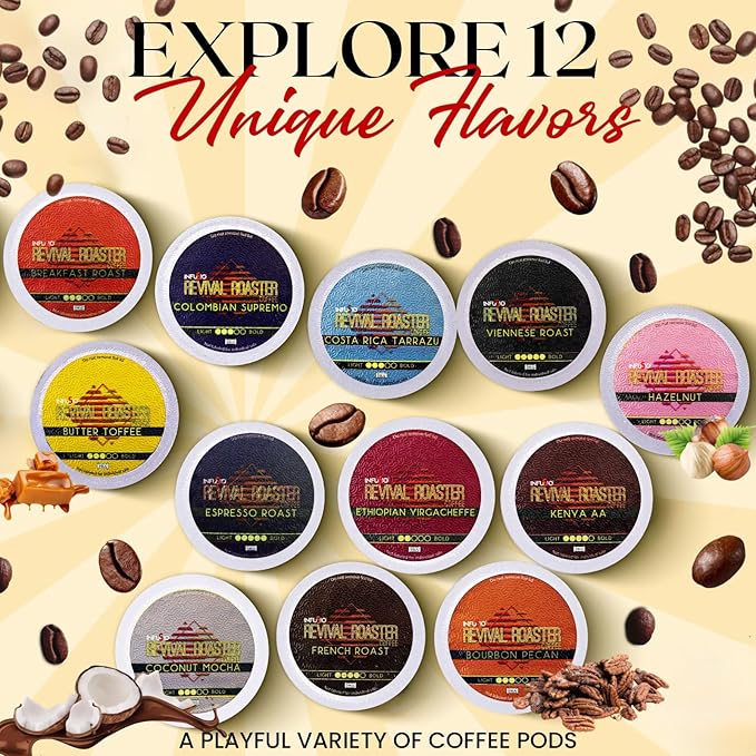 InfuSio Coffee Pods Variety Pack – 96 Count 12 Crafted Medium &amp Dark Roast Blends and Artisan-Inspired Flavors Like Bourbon Pecan &amp Butter Toffee Revival Roaster Collection Compatible with