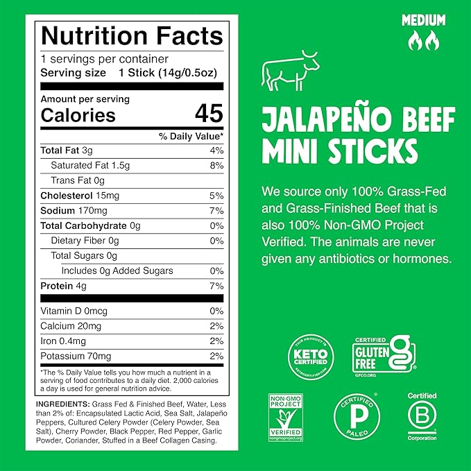 Chomps Snack Size Grass-Fed and Finished Jalapeño Beef Jerky Snack Sticks 0.5oz 24-Pack - Keto Paleo Whole30 4g Lean Meat Protein Gluten-Free Zero Sugar Food Non-GMO Chomplings